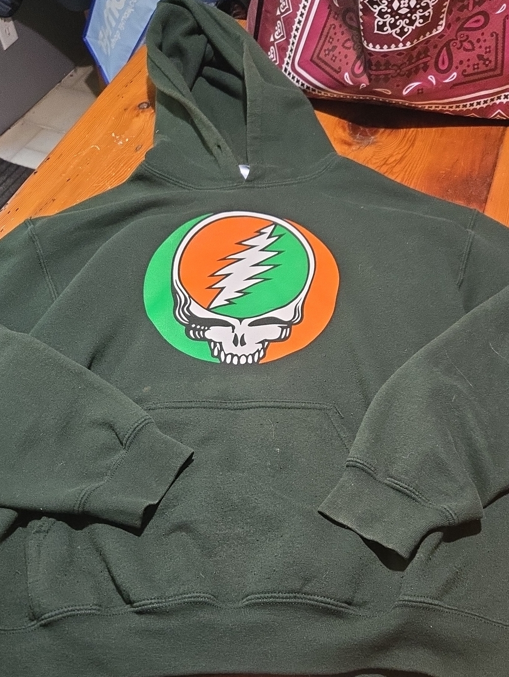 Vintage Sz M Green Hooded Sweatshirt with Graphic Skull Logo Damage